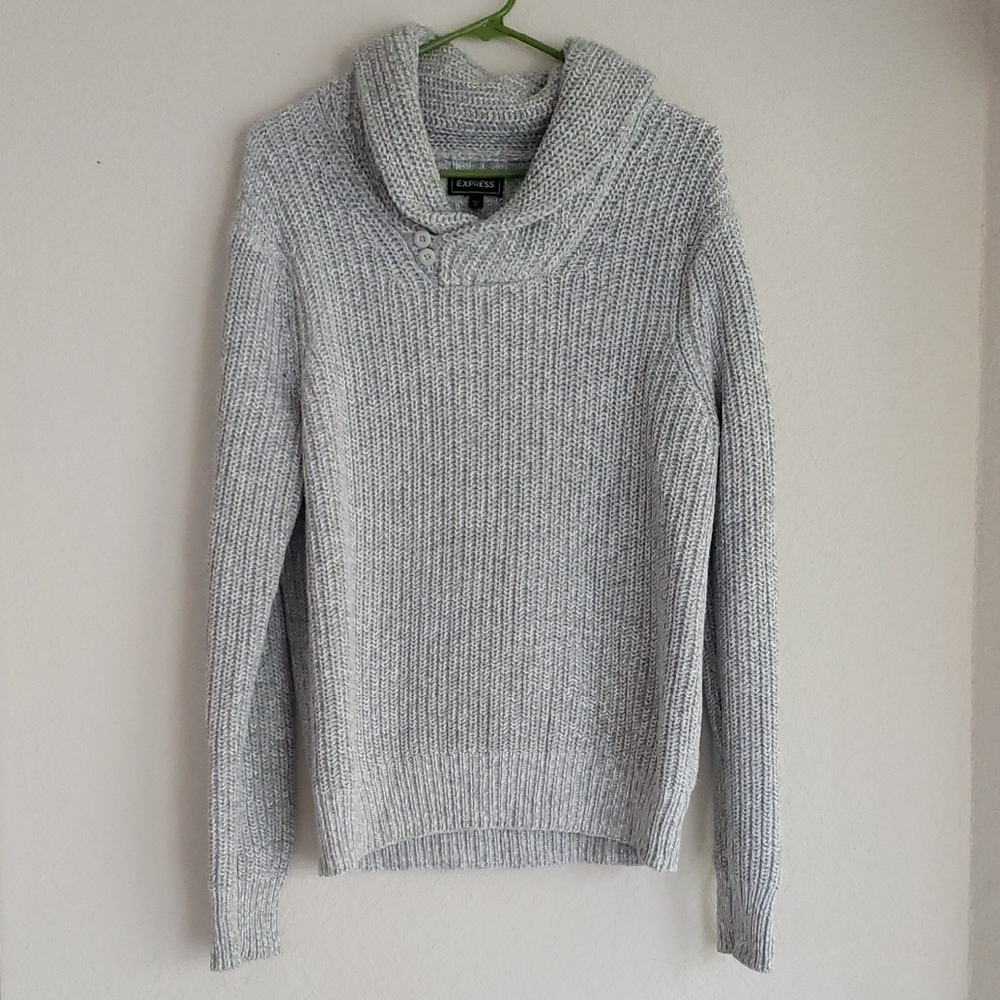 Express Gray Ribbed Shawl-Collar Button Sweater